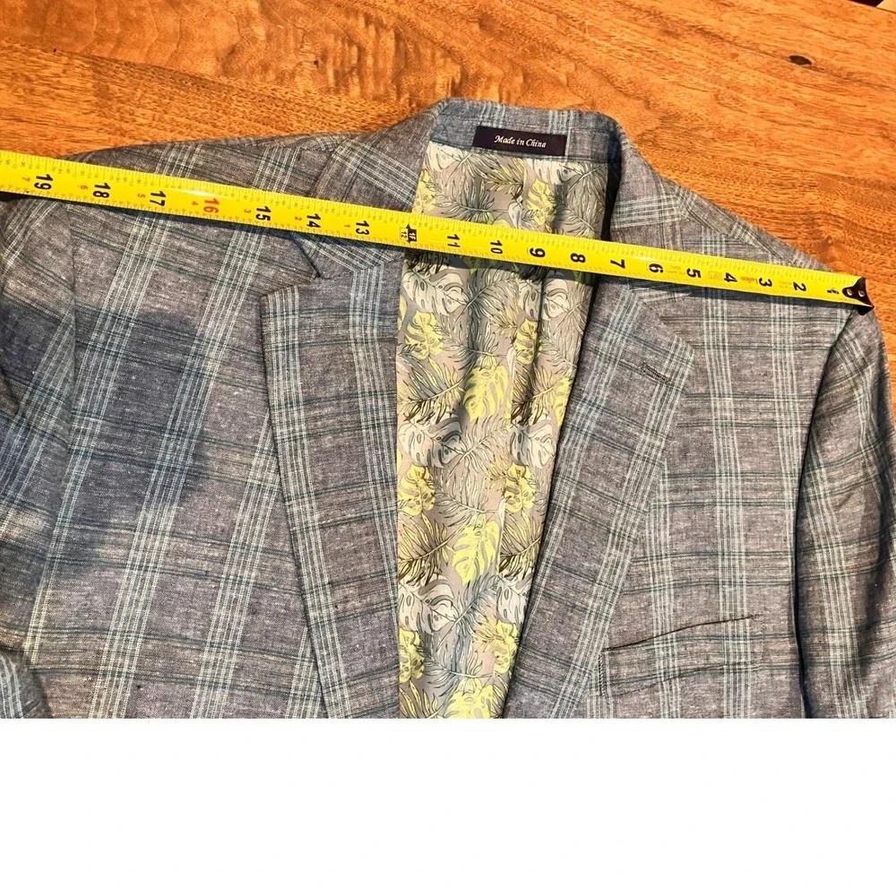 Alan Flusser Mens 44R Blue Plaid Linen Blend Sport Coat Blazer Tropical Preppy